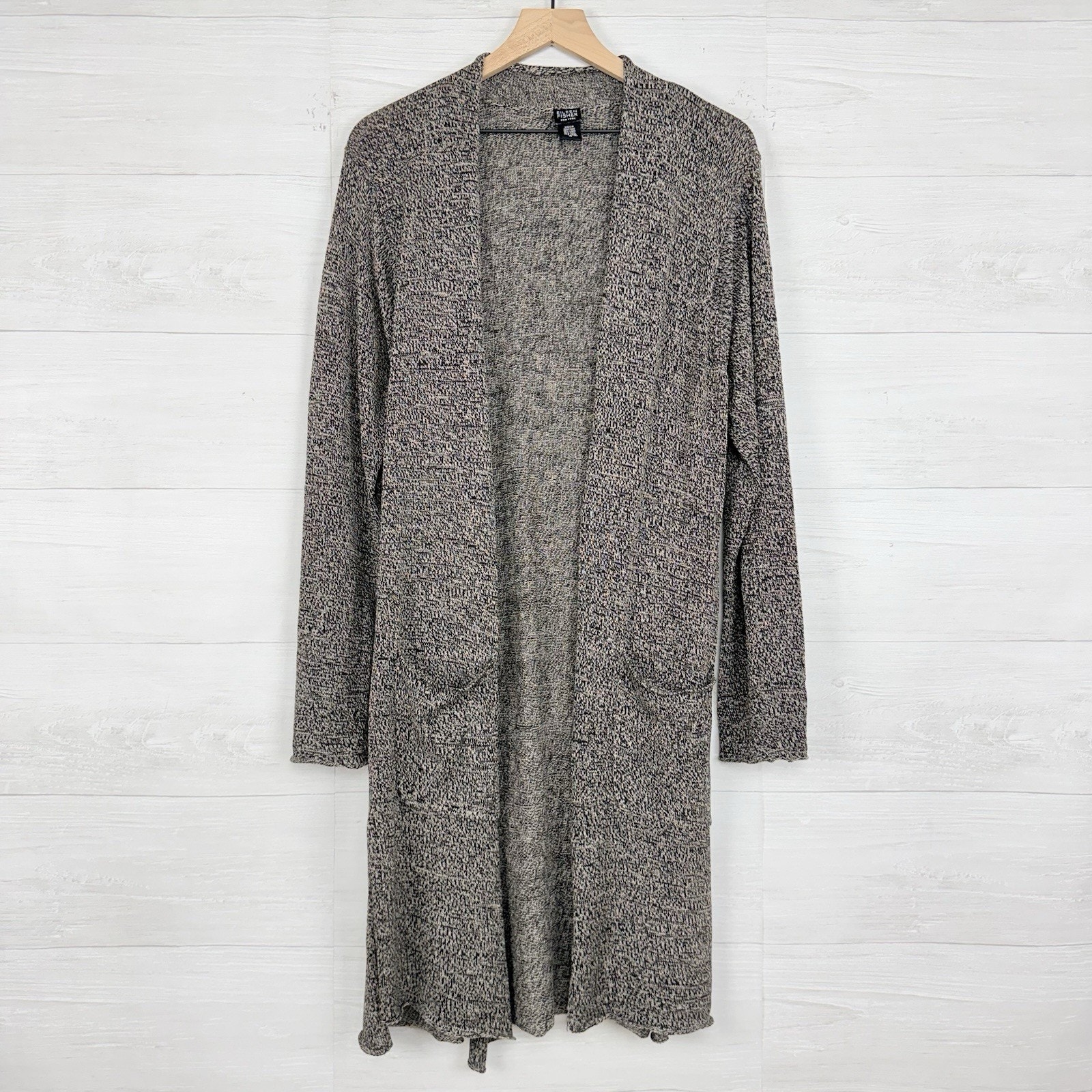 Eileen Fisher Long Cardigan Sweater Medium Gray Linen Wool Open Front Pockets